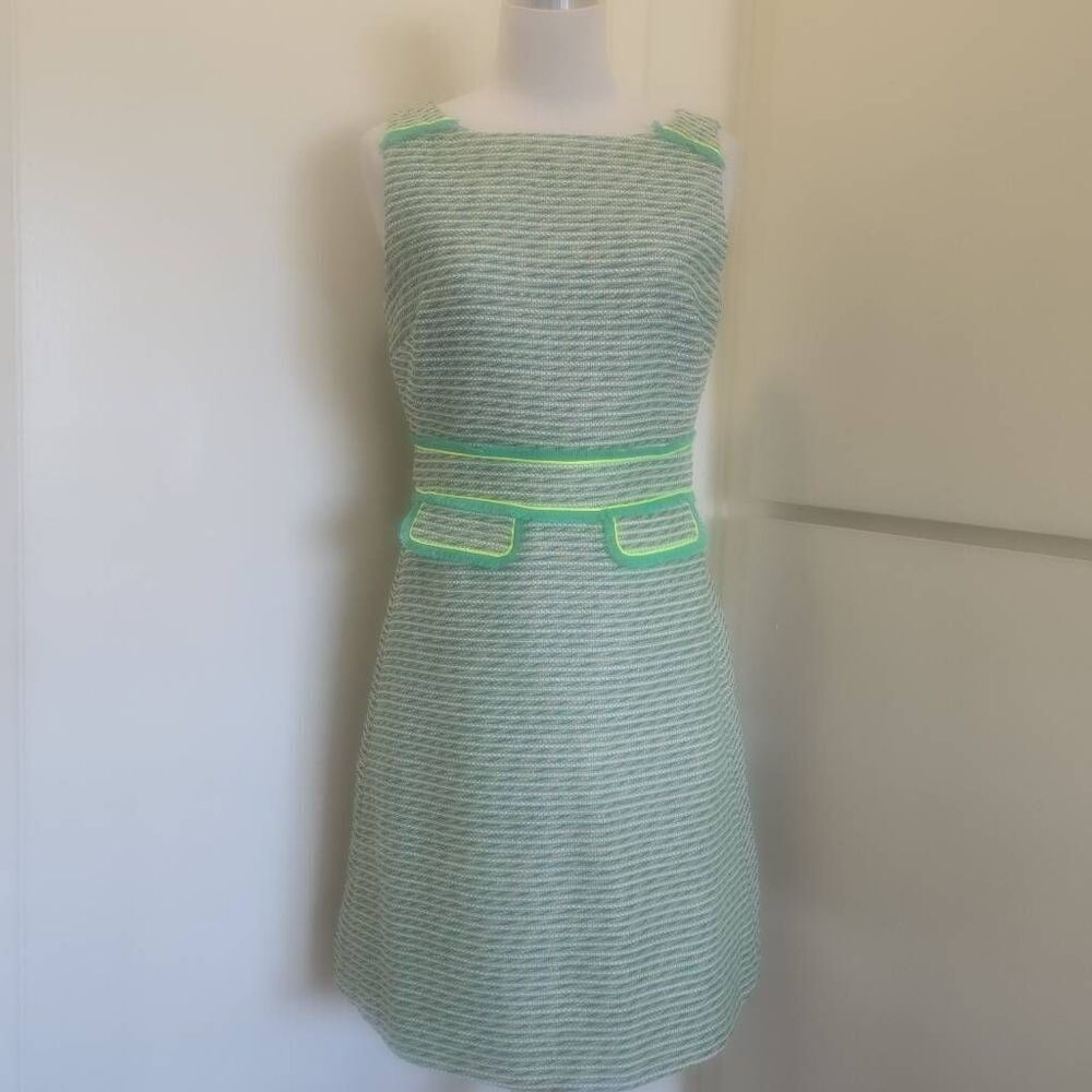 J.Crew Re-Imagined GreenTweed Sheath Dress w/ Neon & Fringe Trim, EUC, Sz. 6